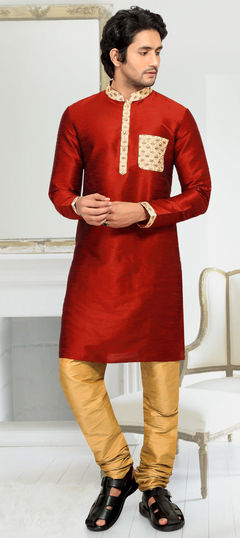 Red and Maroon color Kurta Pyjamas in Art Silk fabric with Thread work