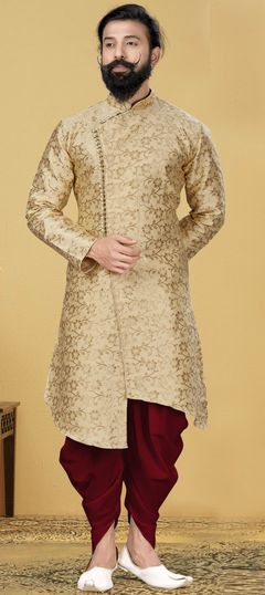Beige and Brown color IndoWestern Dress in Jacquard fabric with Weaving work