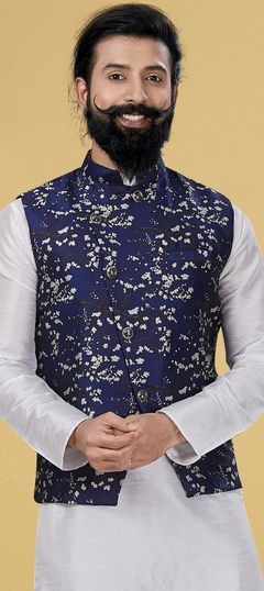 White and Off White color Nehru Jacket in Art Silk fabric with Thread work