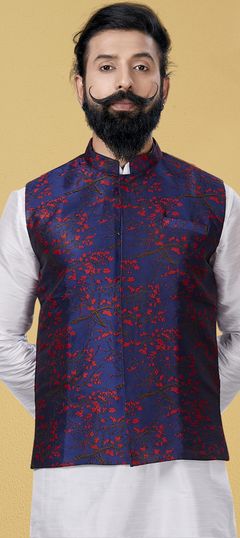 White and Off White color Nehru Jacket in Art Silk fabric with Thread work