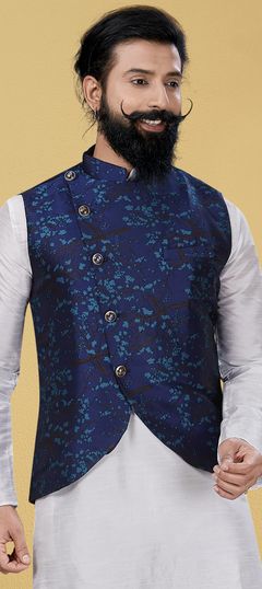 Blue color Nehru Jacket in Art Silk fabric with Thread work