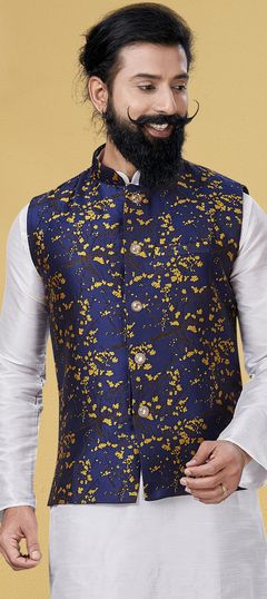 Blue color Nehru Jacket in Art Silk fabric with Thread work