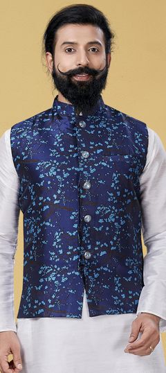 Blue color Nehru Jacket in Art Silk fabric with Thread work