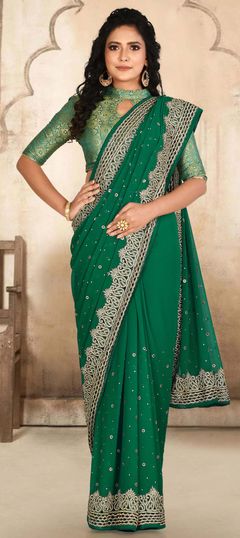 Green color Saree in Georgette fabric with Sequence, Stone, Thread work