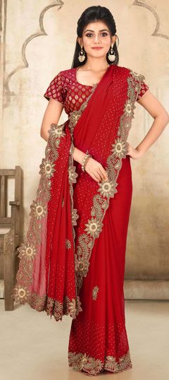 Red and Maroon color Saree in Georgette fabric with Sequence, Stone, Thread work