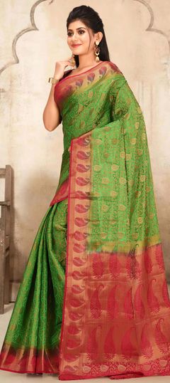 Green color Saree in Kanchipuram Silk, Silk fabric with Weaving work