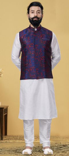 White and Off White color Kurta Pyjama with Jacket in Dupion Silk fabric with Weaving work