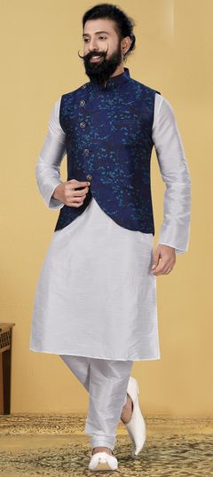 White and Off White color Kurta Pyjama with Jacket in Dupion Silk fabric with Weaving work