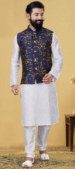 White and Off White color Kurta Pyjama with Jacket in Dupion Silk fabric with Weaving work