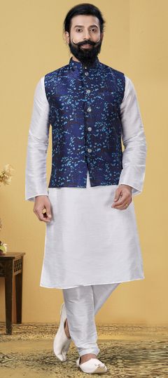 White and Off White color Kurta Pyjama with Jacket in Dupion Silk fabric with Weaving work