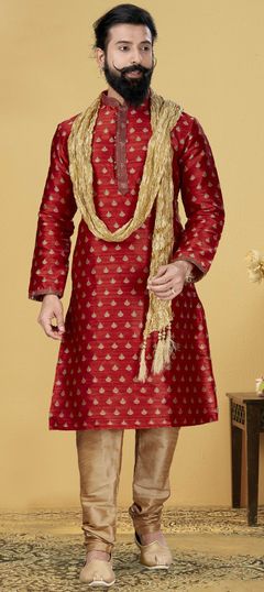 Red and Maroon color Kurta Pyjamas in Art Silk fabric with Thread work