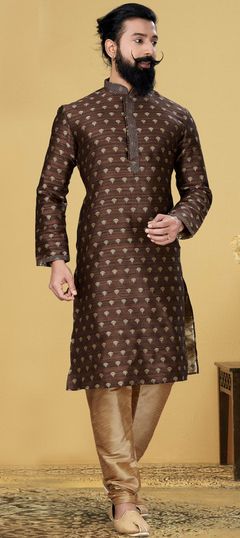 Beige and Brown color Kurta Pyjamas in Art Silk fabric with Thread work