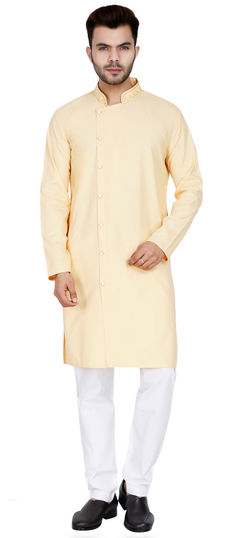 Yellow color Kurta Pyjamas in Cotton fabric with Embroidered, Thread work