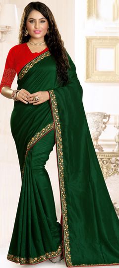 Green color Saree in Raw Silk, Silk fabric with Embroidered, Resham, Thread work