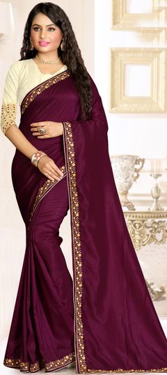 Purple and Violet color Saree in Raw Silk, Silk fabric with Embroidered, Resham, Thread work