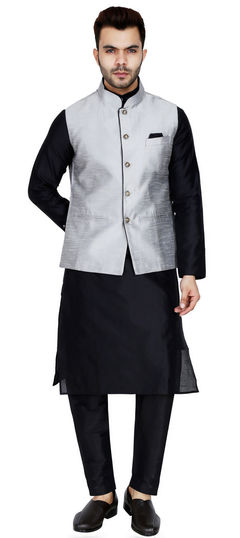 Black and Grey color Kurta Pyjama with Jacket in Raw Silk fabric with Thread work