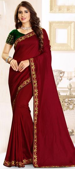 Traditional Red and Maroon color Saree in Raw Silk, Silk fabric with South Embroidered, Thread work : 1706491