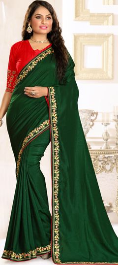 Traditional Green color Saree in Raw Silk, Silk fabric with South Embroidered, Thread work : 1706499