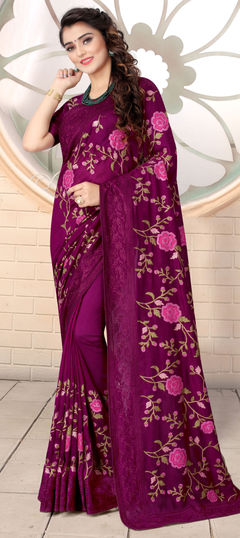 Purple and Violet color Saree in Art Silk, Silk fabric with Embroidered, Resham, Thread work