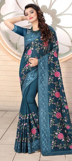 Blue color Saree in Art Silk, Silk fabric with Embroidered, Resham, Thread work