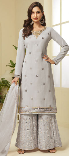 Black and Grey color Salwar Kameez in Georgette fabric with Cut Dana, Gota Patti, Stone work