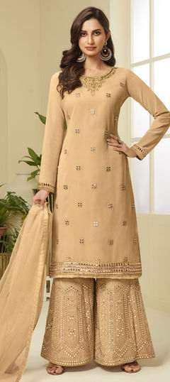Beige and Brown color Salwar Kameez in Georgette fabric with Cut Dana, Gota Patti, Stone work
