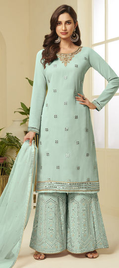 Blue color Salwar Kameez in Georgette fabric with Cut Dana, Gota Patti, Stone work
