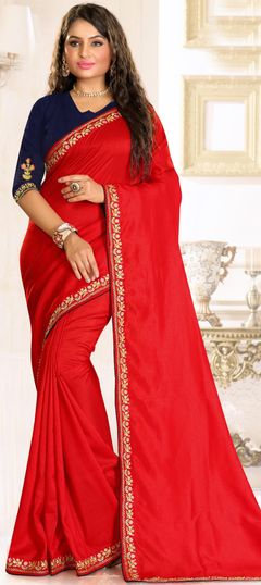 Red and Maroon color Saree in Raw Silk, Silk fabric with Embroidered, Resham, Thread work