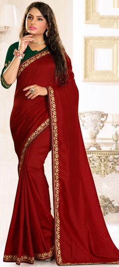 Red and Maroon color Saree in Raw Silk, Silk fabric with Embroidered, Resham, Thread work