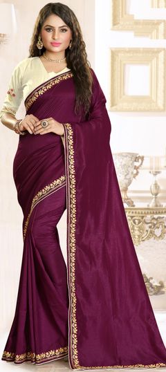 Purple and Violet color Saree in Raw Silk, Silk fabric with Embroidered, Resham, Thread work