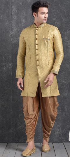 Gold color IndoWestern Dress in Jacquard fabric with Broches, Weaving work