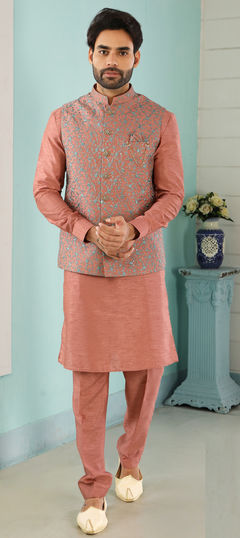 Pink and Majenta color Kurta Pyjama with Jacket in Art Silk, Silk fabric with Broches, Thread work