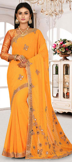 Yellow color Saree in Georgette fabric with Cut Dana, Embroidered, Stone, Zari work