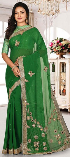 Green color Saree in Georgette fabric with Cut Dana, Embroidered, Stone, Zari work