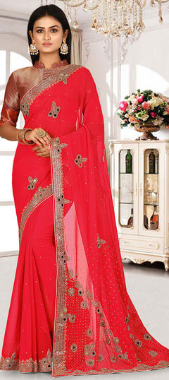 Pink and Majenta color Saree in Georgette fabric with Bugle Beads, Embroidered, Stone, Zari work