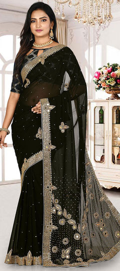 Black and Grey color Saree in Georgette fabric with Cut Dana, Embroidered, Stone, Zari work