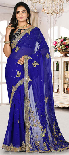 Blue color Saree in Georgette fabric with Cut Dana, Embroidered, Stone, Zari work