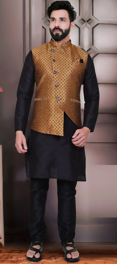 Black and Grey color Kurta Pyjama with Jacket in Art Silk fabric with Thread work