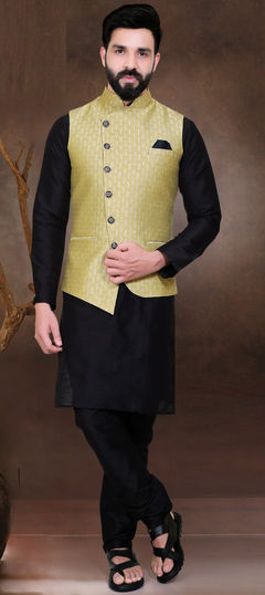 Black and Grey color Kurta Pyjama with Jacket in Art Silk fabric with Thread work