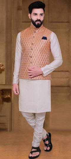 Beige and Brown color Kurta Pyjama with Jacket in Art Silk fabric with Thread work