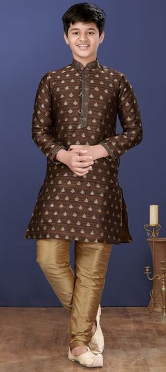 Beige and Brown color Boys Kurta Pyjama in Jacquard fabric with Thread work : 1707090