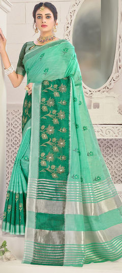 Green color Saree in Cotton fabric with Embroidered, Resham, Thread work