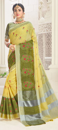 Green, Yellow color Saree in Cotton fabric with Embroidered, Resham, Thread work