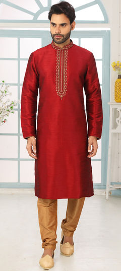 Red and Maroon color Kurta Pyjamas in Art Silk fabric with Embroidered, Thread work