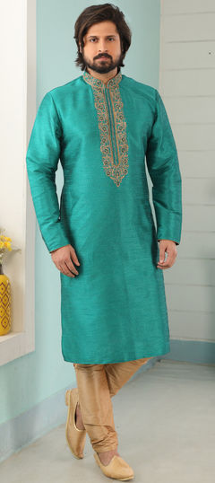 Blue color Kurta Pyjamas in Art Silk fabric with Embroidered, Thread work