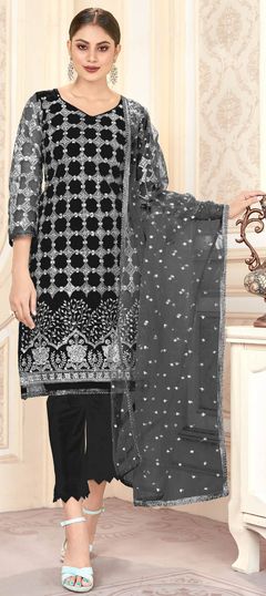 Black and Grey color Salwar Kameez in Net fabric with Embroidered, Thread work