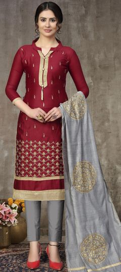 Red and Maroon color Salwar Kameez in Cotton fabric with Embroidered, Resham, Thread work