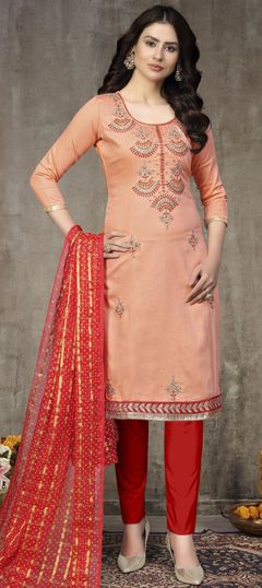 Orange color Salwar Kameez in Cotton fabric with Embroidered, Resham, Thread work