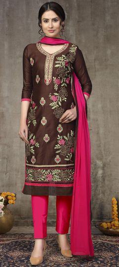 Beige and Brown color Salwar Kameez in Cotton fabric with Embroidered, Resham, Thread work
