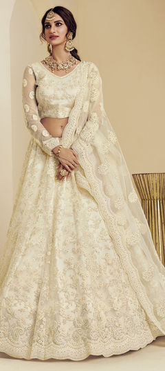 Festive, Wedding White and Off White color Lehenga in Net fabric with A Line Embroidered, Stone, Thread work : 1707677